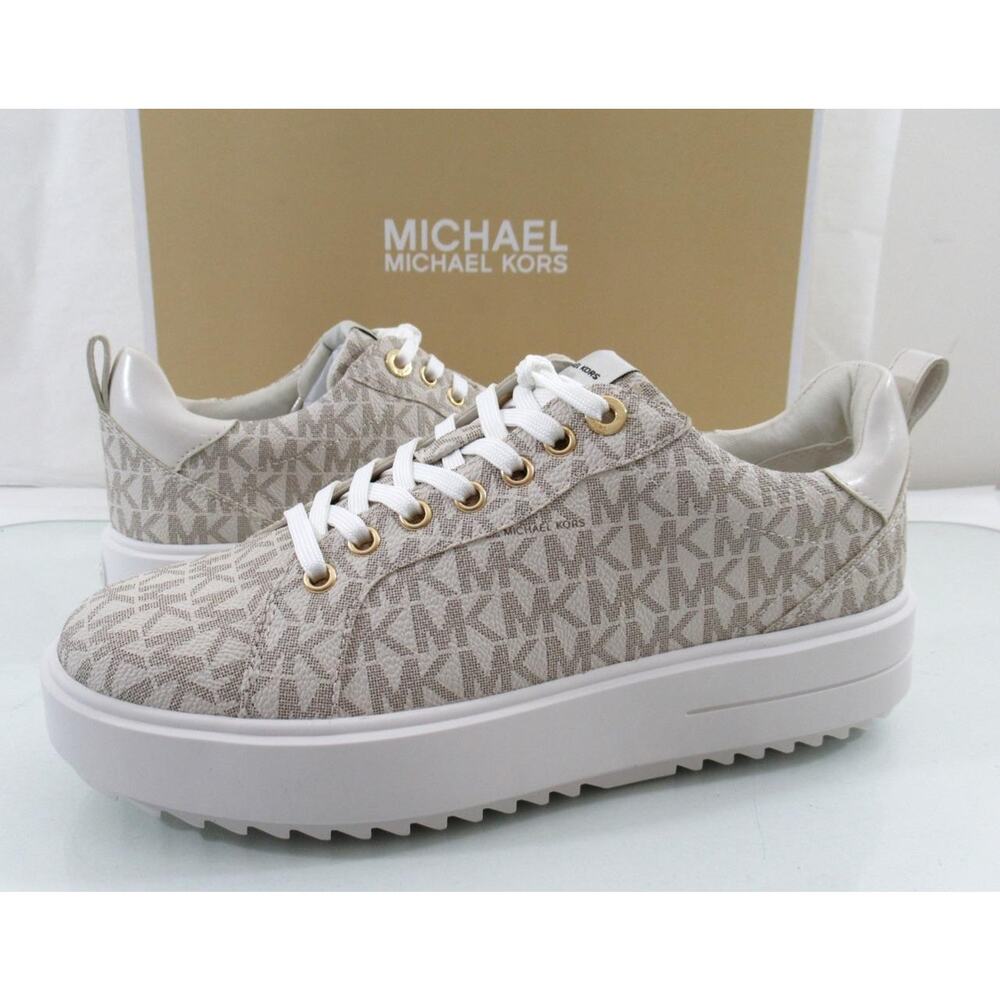 Michael Kors Emmett Lace up MK Logo Jacquard Sneakers Vanilla Beige Size 8 - Picture 5 of 10